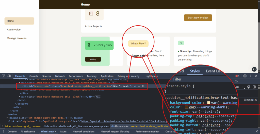 A screenshot of the same page in the frontend showing the print-out of color and font-size variables to determine the look of an element on the page.