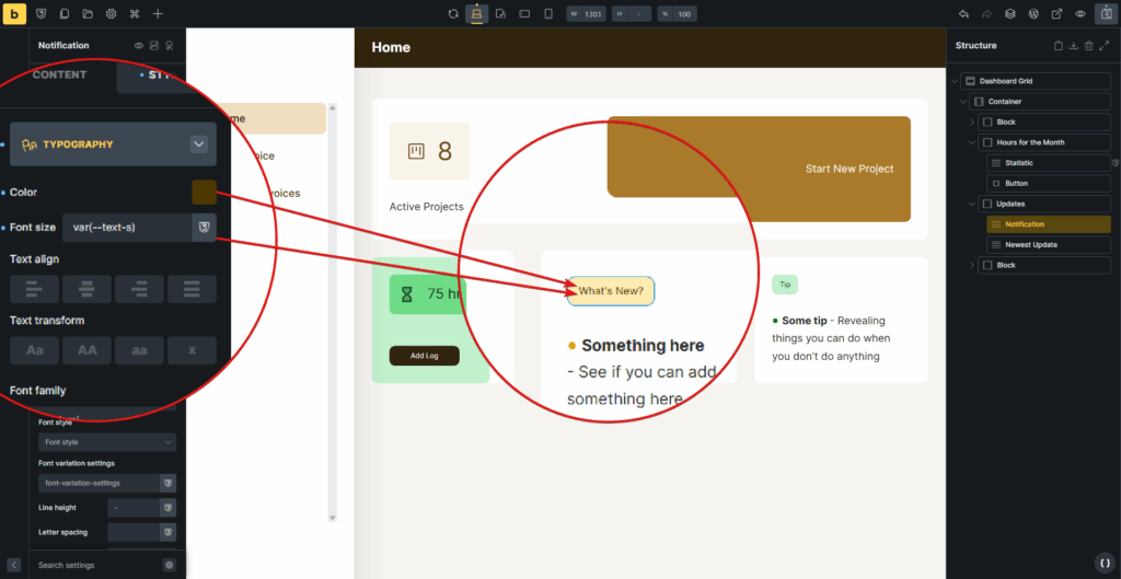 A screenshot of Bricks Builder showing the use of color and font-size variables to determine the look of an element on the page.