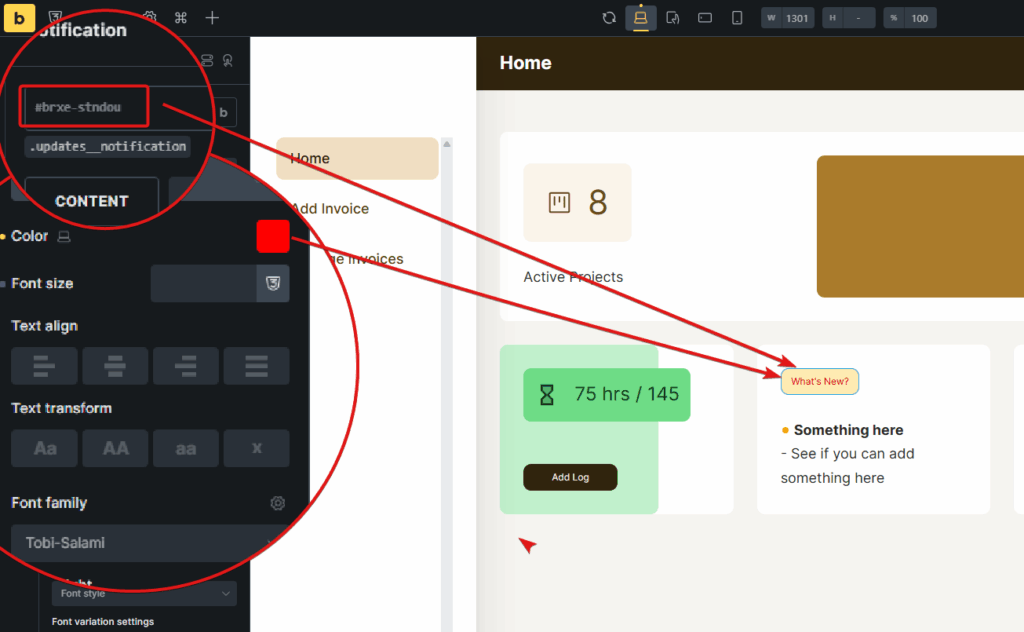A screenshot of Bricks Builder showing the change of style at the ID level to determine the look of an element on the page.